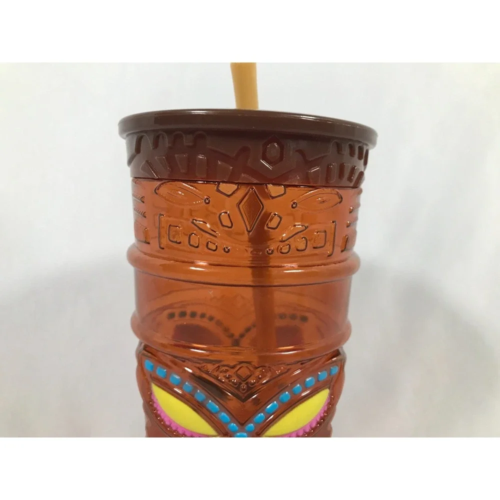 Berk Tiki Souvenir Tumbler Amber Plastic Cup with Bamboo Style Straw 22oz